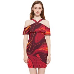 Red Vivid Marble Pattern Shoulder Frill Bodycon Summer Dress by goljakoff