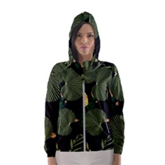 Tropical Vintage Yellow Hibiscus Floral Green Leaves Seamless Pattern Black Background  Women s Hooded Windbreaker by Sobalvarro