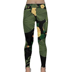 Tropical Vintage Yellow Hibiscus Floral Green Leaves Seamless Pattern Black Background  Classic Yoga Leggings by Sobalvarro