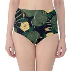 Tropical Vintage Yellow Hibiscus Floral Green Leaves Seamless Pattern Black Background  Classic High-waist Bikini Bottoms by Sobalvarro