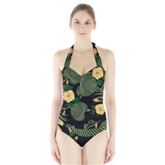 Tropical Vintage Yellow Hibiscus Floral Green Leaves Seamless Pattern Black Background  Halter Swimsuit by Sobalvarro