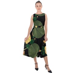 Tropical Vintage Yellow Hibiscus Floral Green Leaves Seamless Pattern Black Background  Midi Tie-back Chiffon Dress by Sobalvarro