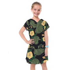 Tropical Vintage Yellow Hibiscus Floral Green Leaves Seamless Pattern Black Background  Kids  Drop Waist Dress by Sobalvarro