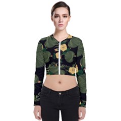 Tropical Vintage Yellow Hibiscus Floral Green Leaves Seamless Pattern Black Background  Long Sleeve Zip Up Bomber Jacket by Sobalvarro