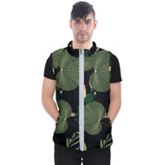 Tropical Vintage Yellow Hibiscus Floral Green Leaves Seamless Pattern Black Background  Men s Puffer Vest by Sobalvarro