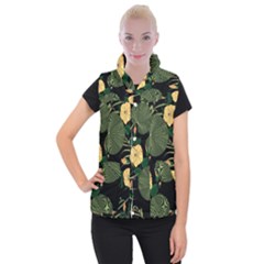 Tropical Vintage Yellow Hibiscus Floral Green Leaves Seamless Pattern Black Background  Women s Button Up Vest by Sobalvarro