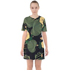 Tropical Vintage Yellow Hibiscus Floral Green Leaves Seamless Pattern Black Background  Sixties Short Sleeve Mini Dress by Sobalvarro