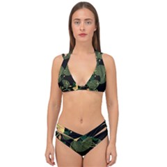 Tropical Vintage Yellow Hibiscus Floral Green Leaves Seamless Pattern Black Background  Double Strap Halter Bikini Set by Sobalvarro