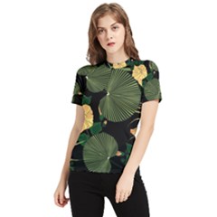 Tropical Vintage Yellow Hibiscus Floral Green Leaves Seamless Pattern Black Background  Women s Short Sleeve Rash Guard by Sobalvarro