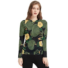 Tropical Vintage Yellow Hibiscus Floral Green Leaves Seamless Pattern Black Background  Women s Long Sleeve Rash Guard by Sobalvarro
