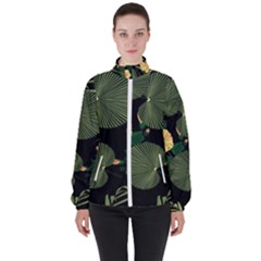 Tropical Vintage Yellow Hibiscus Floral Green Leaves Seamless Pattern Black Background  Women s High Neck Windbreaker by Sobalvarro