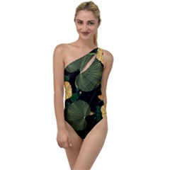 Tropical Vintage Yellow Hibiscus Floral Green Leaves Seamless Pattern Black Background  To One Side Swimsuit by Sobalvarro
