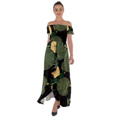 Tropical Vintage Yellow Hibiscus Floral Green Leaves Seamless Pattern Black Background  Off Shoulder Open Front Chiffon Dress by Sobalvarro