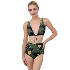 Tropical Vintage Yellow Hibiscus Floral Green Leaves Seamless Pattern Black Background  Tied Up Two Piece Swimsuit by Sobalvarro