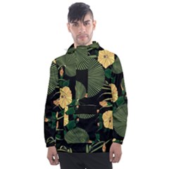 Tropical Vintage Yellow Hibiscus Floral Green Leaves Seamless Pattern Black Background  Men s Front Pocket Pullover Windbreaker by Sobalvarro