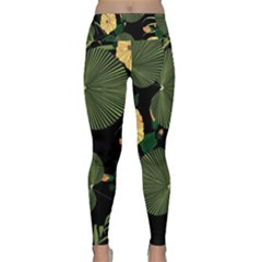 Tropical Vintage Yellow Hibiscus Floral Green Leaves Seamless Pattern Black Background  Lightweight Velour Classic Yoga Leggings by Sobalvarro