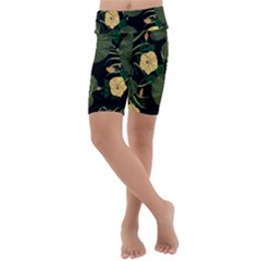 Tropical Vintage Yellow Hibiscus Floral Green Leaves Seamless Pattern Black Background  Kids  Lightweight Velour Cropped Yoga Leggings by Sobalvarro