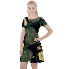 Tropical Vintage Yellow Hibiscus Floral Green Leaves Seamless Pattern Black Background  Cap Sleeve Velour Dress  by Sobalvarro