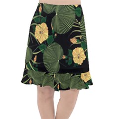 Tropical Vintage Yellow Hibiscus Floral Green Leaves Seamless Pattern Black Background  Fishtail Chiffon Skirt by Sobalvarro