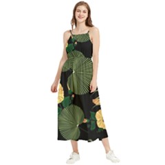 Tropical Vintage Yellow Hibiscus Floral Green Leaves Seamless Pattern Black Background  Boho Sleeveless Summer Dress by Sobalvarro