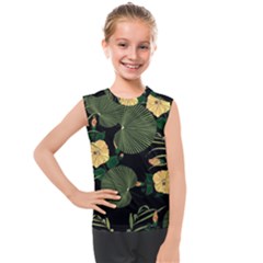 Tropical Vintage Yellow Hibiscus Floral Green Leaves Seamless Pattern Black Background  Kids  Mesh Tank Top by Sobalvarro