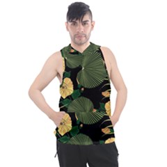 Tropical Vintage Yellow Hibiscus Floral Green Leaves Seamless Pattern Black Background  Men s Sleeveless Hoodie by Sobalvarro