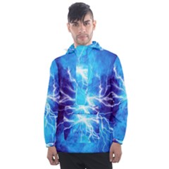 Blue Lightning Thunder At Night, Graphic Art 3 Men s Front Pocket Pullover Windbreaker by picsaspassion