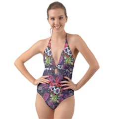 Purple Flowers Halter Cut-out One Piece Swimsuit by goljakoff