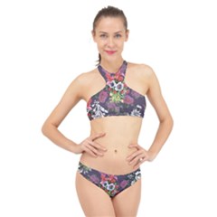 Purple Flowers High Neck Bikini Set by goljakoff