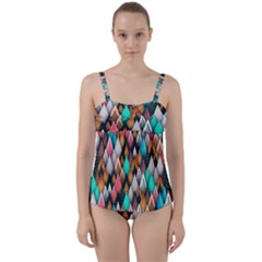 Abstract Triangle Tree Twist Front Tankini Set by Dutashop