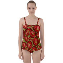 Abstract Rose Garden Red Twist Front Tankini Set by Dutashop