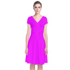 Color Fuchsia / Magenta Short Sleeve Front Wrap Dress