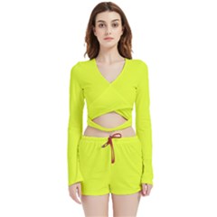 Color Luis Lemon Velvet Wrap Crop Top And Shorts Set by Kultjers