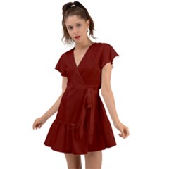 Color Blood Red Flutter Sleeve Wrap Dress by Kultjers