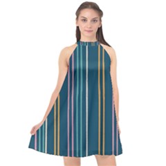 Multicolored Stripes On Blue Halter Neckline Chiffon Dress  by SychEva