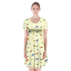 Dragonfly On Yellow Short Sleeve V-neck Flare Dress