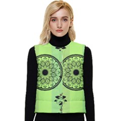 Green Grid Cute Flower Mandala Women s Short Button Up Puffer Vest by Magicworlddreamarts1