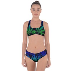 Weed Rainbow, Ganja Leafs Pattern In Colors, 420 Marihujana Theme Criss Cross Bikini Set