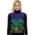 Weed Rainbow, Ganja leafs pattern in colors, 420 marihujana theme Women s Short Button Up Puffer Vest View1