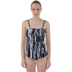 Black And White Abstract Linear Print Twist Front Tankini Set by dflcprintsclothing
