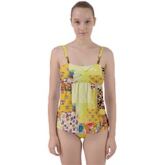 Yellow Floral Aesthetic Twist Front Tankini Set by designsbymallika