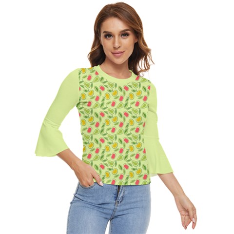 Vector Fruits Pattern, Pastel Colors, Yellow Background Bell Sleeve Top by Casemiro