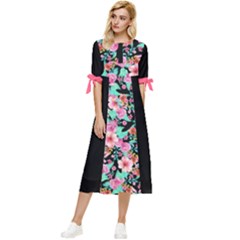 Flower Black Pink Bow Sleeve Chiffon Midi Dress by flowerland