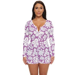 White Hawaiian Flowers On Purple Long Sleeve Boyleg Swimsuit by AnkouArts