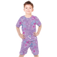  Hearts And Stars On Light Purple  Kids  Tee And Shorts Set by AnkouArts