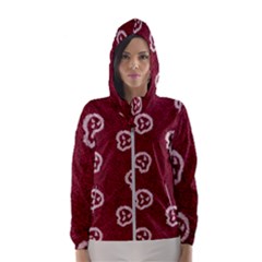 White Skulls On Red Shiny Background Women s Hooded Windbreaker by SychEva