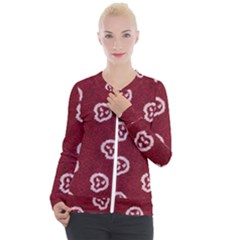 White Skulls On Red Shiny Background Casual Zip Up Jacket by SychEva