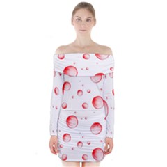 Red Drops On White Background Long Sleeve Off Shoulder Dress by SychEva