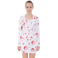 Red Drops On White Background V-neck Bodycon Long Sleeve Dress by SychEva