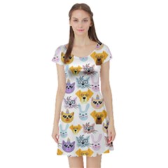 Funny Animal Faces With Glasses On A White Background Short Sleeve Skater Dress by SychEva